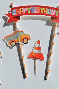 Voertuigen wegwerkers taartvlag met cupcake prikkers
