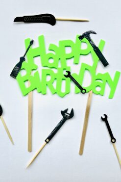 Gereedschap klusser NEON Happy birthday taart vlag