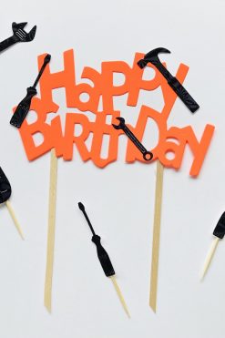 Gereedschap klusser NEON Happy birthday taart vlag