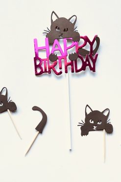 Kat of poes met staart Happy birthday taart vlag