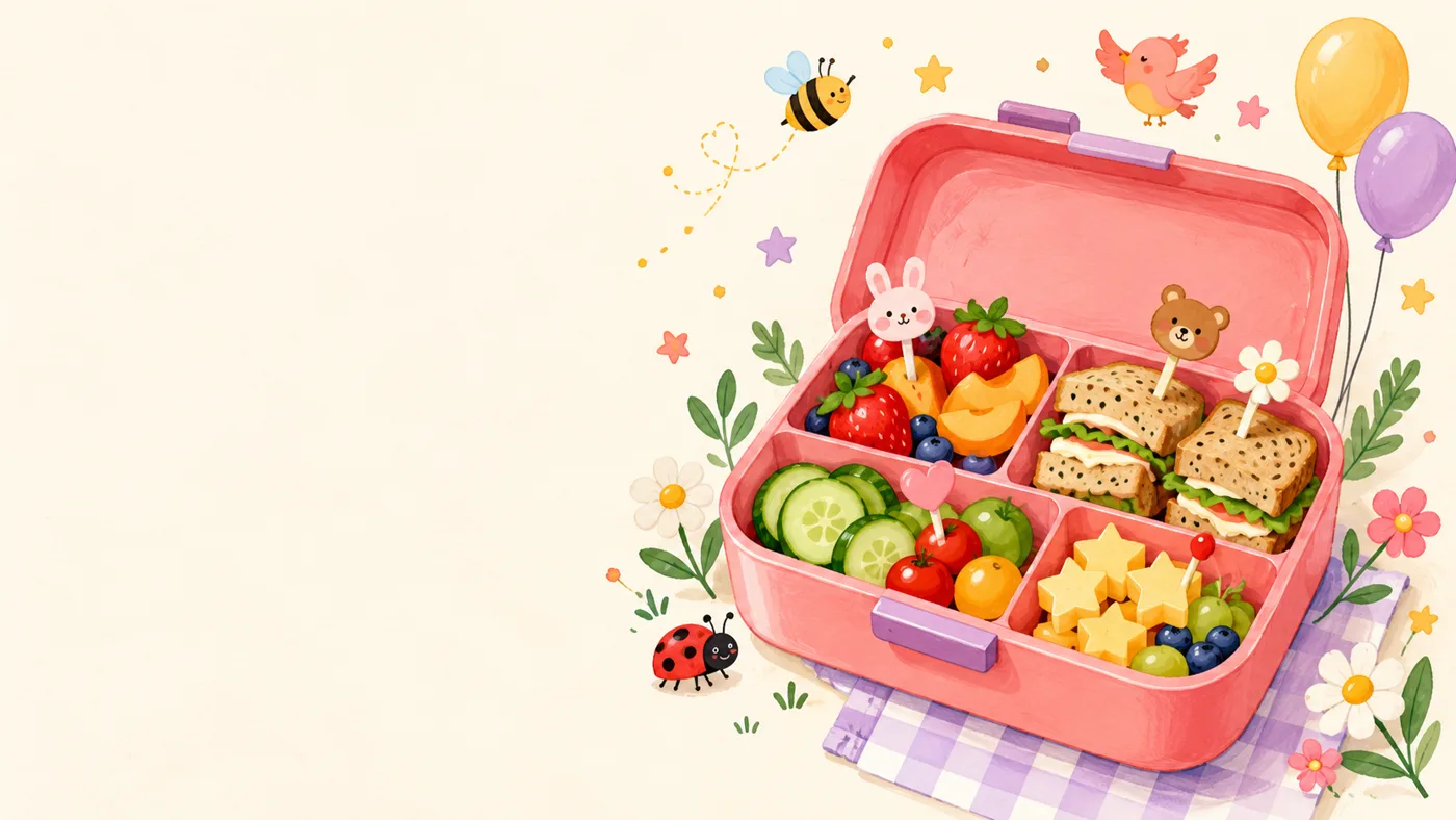 Vrolijke lunchbox met fruit, sandwiches en feestelijke prikkers